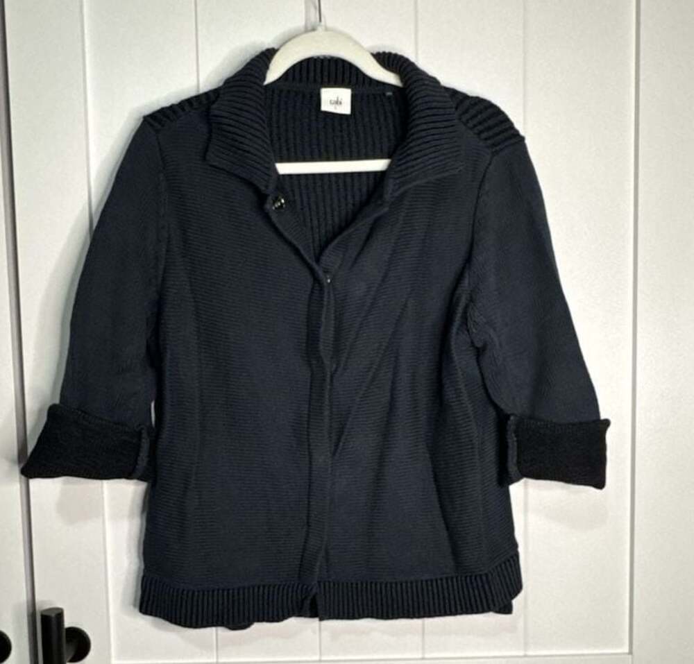 Cabi Navy Ribbed Knit 3/4 Sleeve Snap-Front Cardigan Sweater Size L